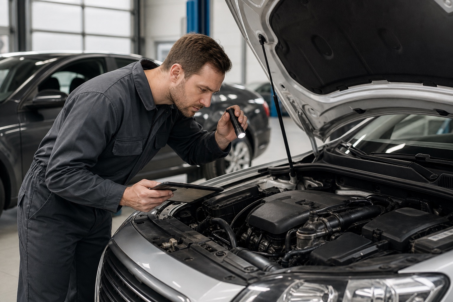 Mechanik kontroluje motorový priestor otvoreného auta